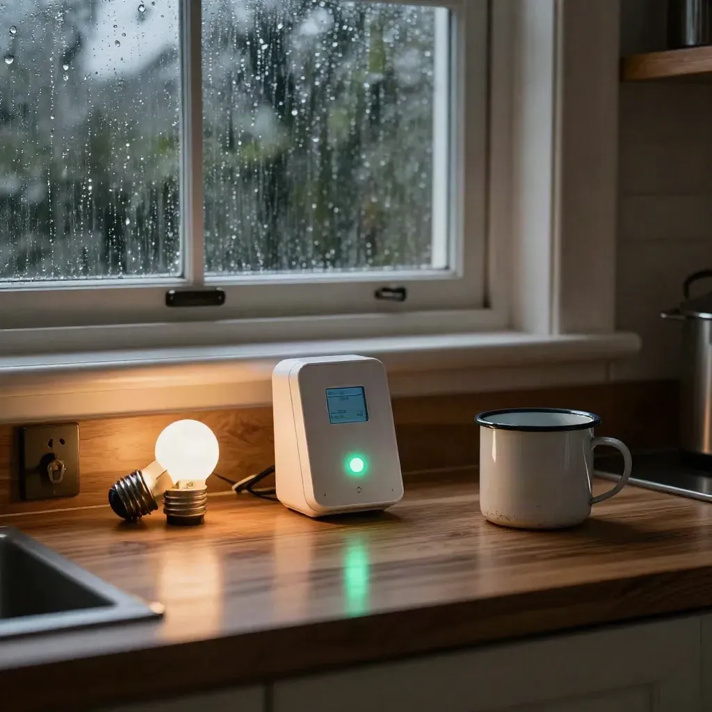 Angolo cucina con contatore smart, tazza smaltata e pioggia sul vetro, luce calda serale.