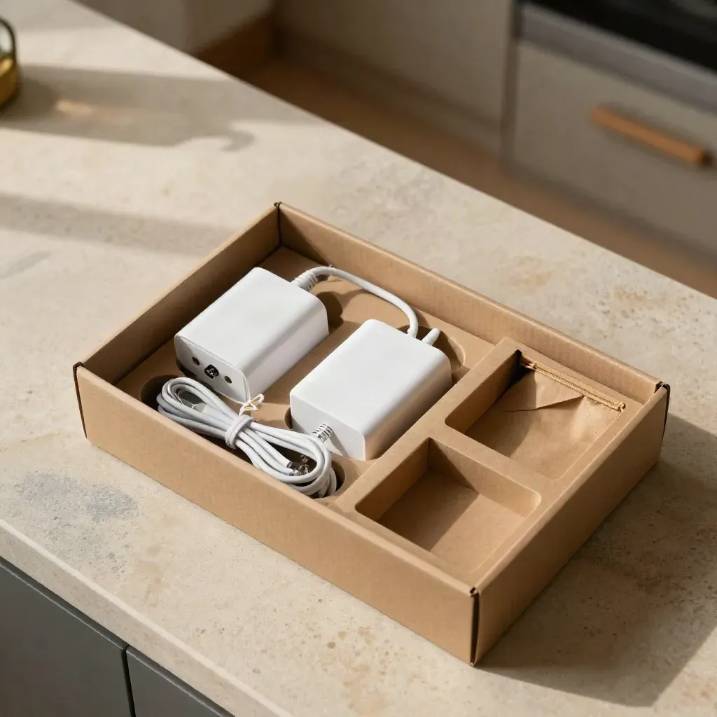 Scatola modem aperta su pietra, alimentatore e cavo Ethernet appena spacchettati.