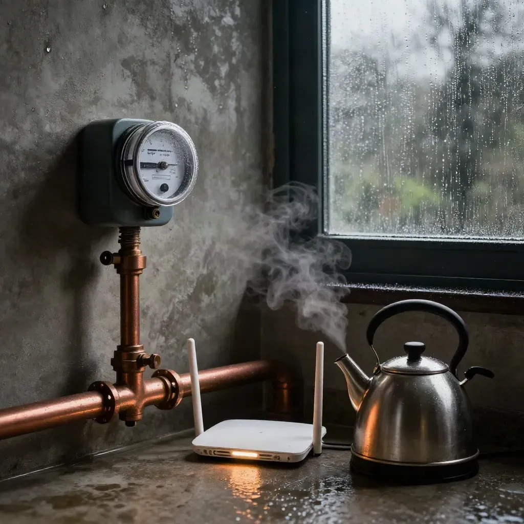 Contatore, tubo gas, router e bollitore vicino a una finestra bagnata, con vapore e luce mattutina.