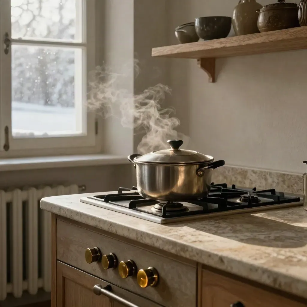 Cucina d’inverno con fornello a gas, pentola coperta e radiatore, finestra appannata e neve fuori
