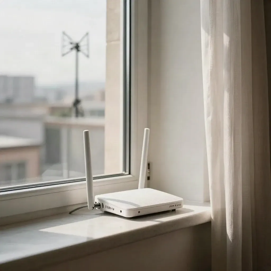 Router sul davanzale di una finestra d’ufficio con antenna FWA sfocata fuori