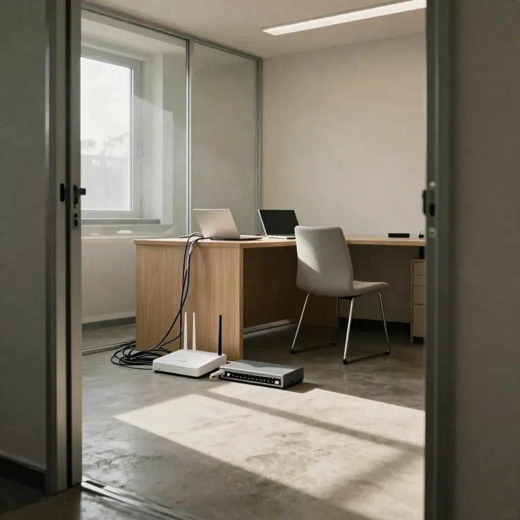 Micro-ufficio con router, switch di rete, laptop chiuso e sedia vuota, luce mattutina