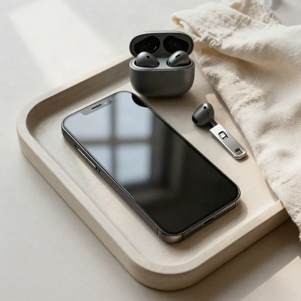 Smartphone scuro, auricolari true wireless, chiave SIM e vassoio in legno su sfondo chiaro.